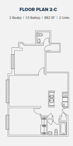 Floor plan for 2 beds, 1.5 baths, 882 sqft